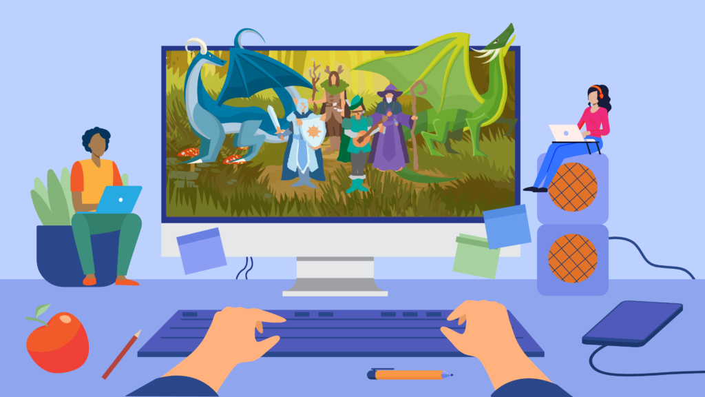a computer screen with mouse and keyboard with fantasy material for learning on the screen